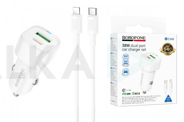 Автомобильное зарядное устройство BOROFONE BZ34B Cloud PD38W (USB - Type-C) с кабелем (Type-C -Lightning) (белый)