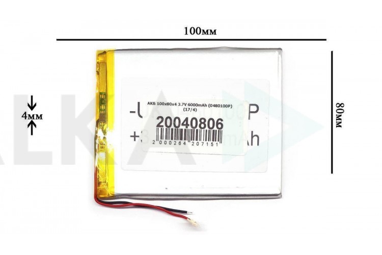 Универсальный аккумулятор 100x80x4 3.7V 6000mAh (4080100P)