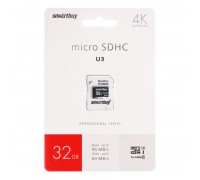 Карта памяти microSDHC Smartbuy 32 GB PRO U3 R/W:95/60 MB/s (с адаптером SD) (SB32GBSDCL10U3L-01)