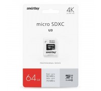 Карта памяти microSDXC Smartbuy 64 GB PRO U3 R/W:90/70 MB/s (с адаптером SD) (SB64GBSDCL10U3-01)