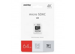 Карта памяти microSDXC Smartbuy 64 GB PRO U3 R/W:90/70 MB/s (с адаптером SD) (SB64GBSDCL10U3-01)