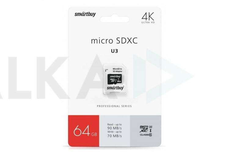 Карта памяти microSDXC Smartbuy 64 GB PRO U3 R/W:90/70 MB/s (с адаптером SD) (SB64GBSDCL10U3-01)