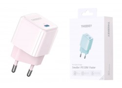 Сетевое зарядное устройство USB THREEKEY TK-116 (EU) Single C Port 30W GaN Direct Plug Charging Head (розовый) (LUX от XO)