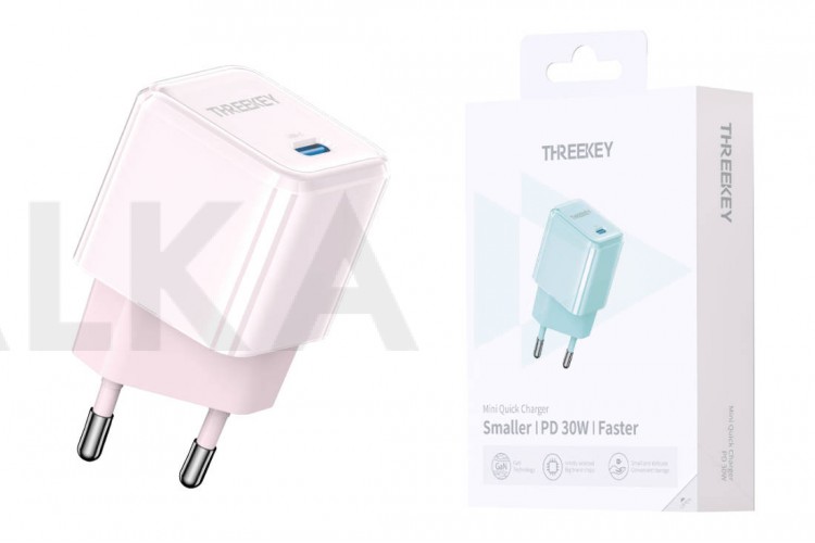 Сетевое зарядное устройство USB THREEKEY TK-116 (EU) Single C Port 30W GaN Direct Plug Charging Head (розовый) (LUX от XO)