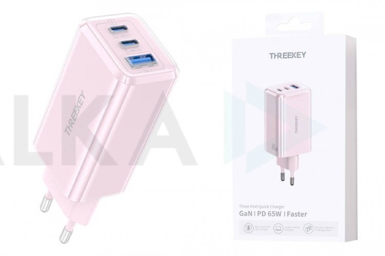 Сетевое зарядное устройство USB THREEKEY TK-113 (EU) 65W 2C1A Folding Gallium Nitride Charger (розовый) (LUX от XO)