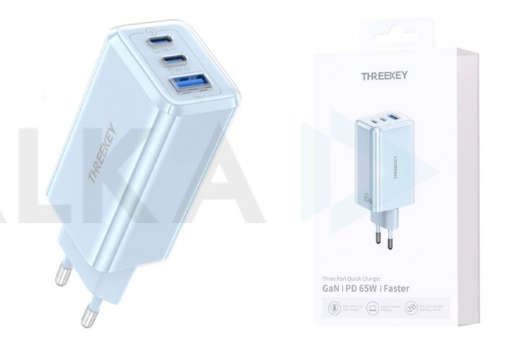 Сетевое зарядное устройство USB THREEKEY TK-113 (EU) 65W 2C1A Folding Gallium Nitride Charger (голубой) (LUX от XO)