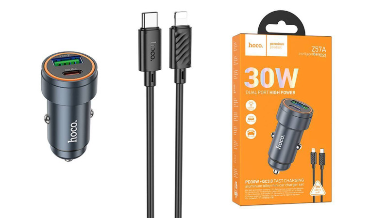 Автомобильное зарядное устройство АЗУ USB + Type-C + кабель Lightning HOCOZ57A Glorious PD30W+QC3.0 (серый)