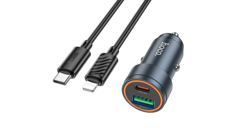 Автомобильное зарядное устройство АЗУ USB + Type-C + кабель Lightning HOCOZ57A Glorious PD30W+QC3.0 (серый)