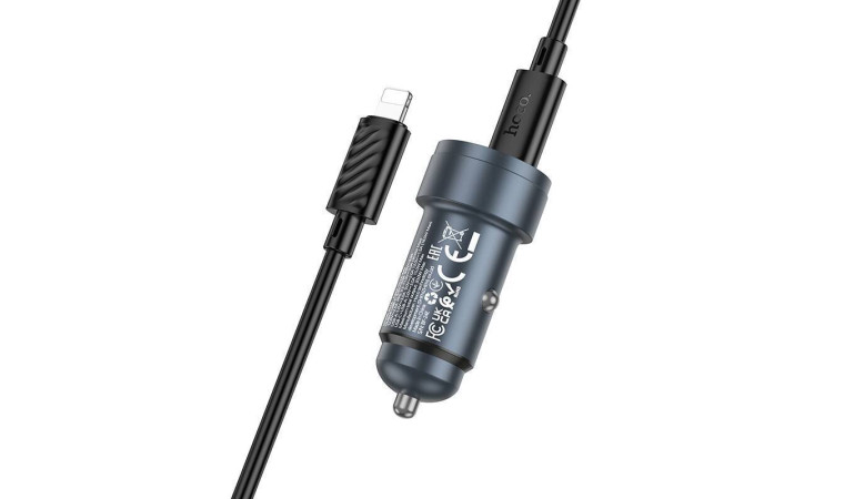 Автомобильное зарядное устройство АЗУ USB + Type-C + кабель Lightning HOCOZ57A Glorious PD30W+QC3.0 (серый)