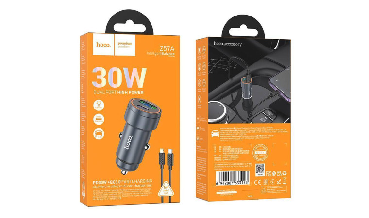 Автомобильное зарядное устройство АЗУ USB + Type-C + кабель Lightning HOCOZ57A Glorious PD30W+QC3.0 (серый)