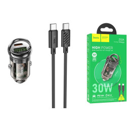 Автомобильное зарядное устройство АЗУ USB + Type-C + кабель Lightning HOCO Z53A Vision PD30W+QC3.0 (черный прозрачный)