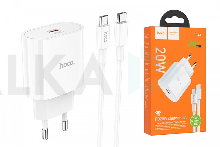 Сетевое зарядное устройство USB-C + кабель Type-C HOCO C94A Metro PD 20W+QC 3.0 (белый)