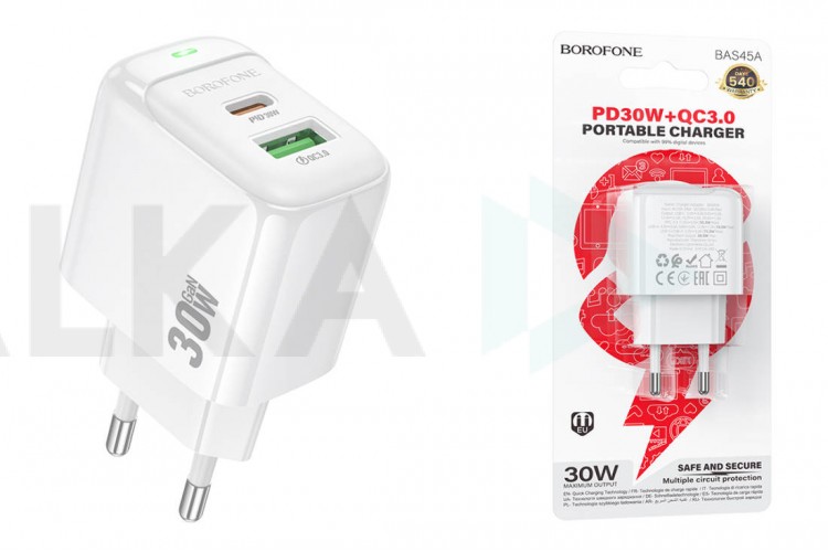 Сетевое зарядное устройство USB + USB-C BOROFONE BAS45A Potential PD30W+QC3.0 (белый)