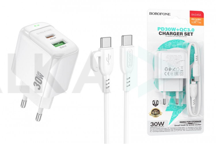 Сетевое зарядное устройство USB + USB-C + кабель Type-C BOROFONE BAS45A Potential PD30W+QC3.0  (белый)