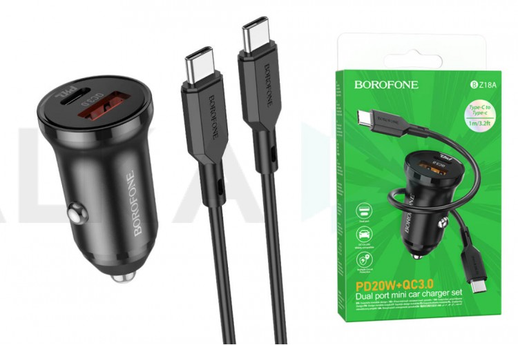 Автомобильное зарядное устройство АЗУ USB + Type-C + кабель Type-C - Type-C Borofone BZ18A PD20W + QC3.0 (черный)