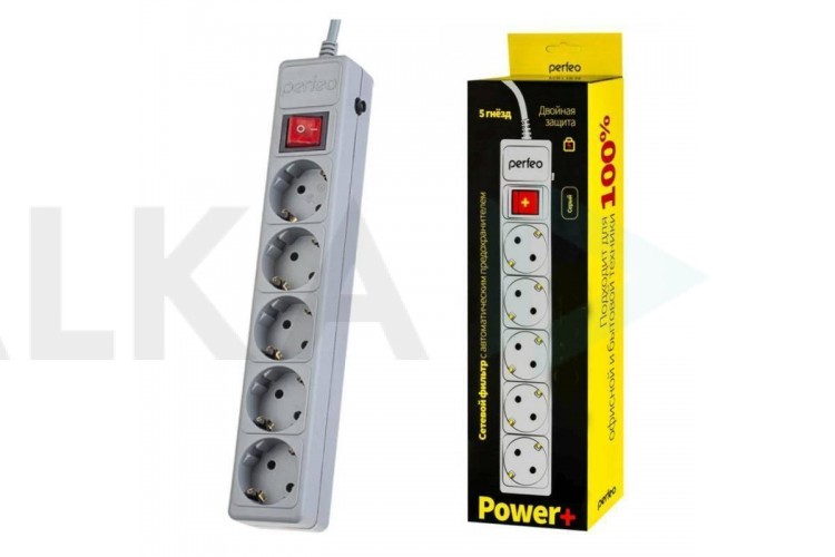Сетевой фильтр Perfeo "POWER+", 1,8м, 5 розеток, серый (PF-PP-5/1,8-G)