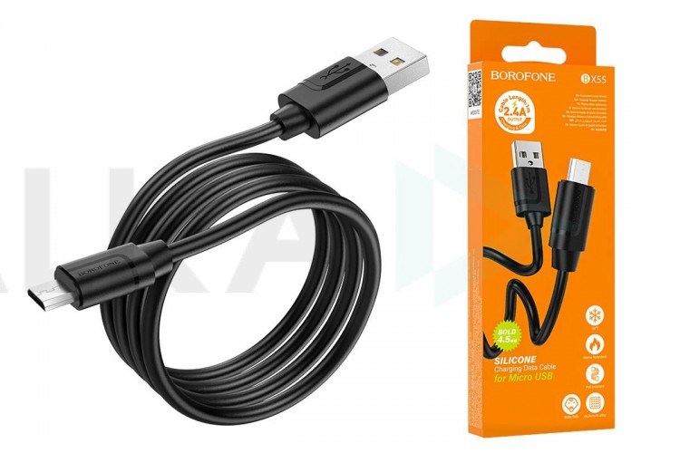 Кабель USB - MicroUSB BOROFONE BX55 2,4A (черный) 1м (силикон)