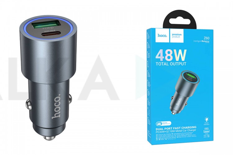 Автомобильное зарядное устройство АЗУ USB + USB-C HOCO Z60 Bloom 48W dual-port PD30W+QC3.0 multi-protocol (металлический серый)