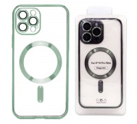 Чехол силиконовый прозрачный для iPhone 14 Pro Max (6.7) MagSafe с металлизированным зеленым бампером и защитой камер