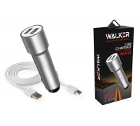 Автомобильное зарядное устройство АЗУ 2USB + кабель MicroUSB WALKER WCR-22, 2.4А, 12Вт, удлиненный корпус, серебряный