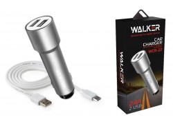 Автомобильное зарядное устройство АЗУ 2USB + кабель MicroUSB WALKER WCR-22, 2.4А, 12Вт, удлиненный корпус, серебряный