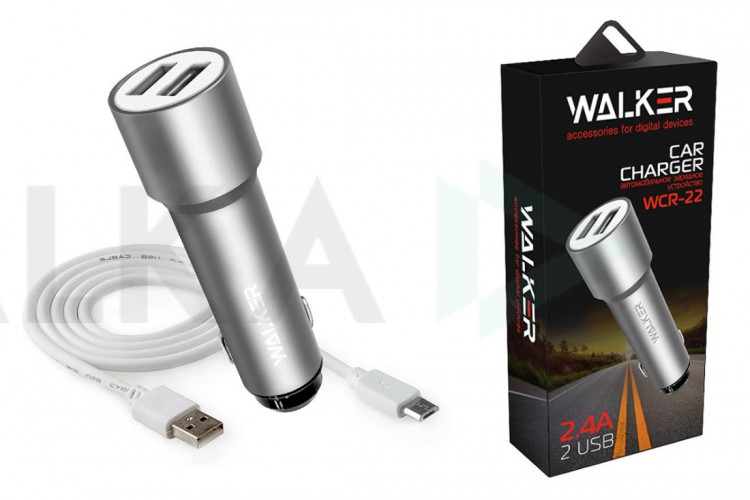 Автомобильное зарядное устройство АЗУ 2USB + кабель MicroUSB WALKER WCR-22, 2.4А, 12Вт, удлиненный корпус, серебряный