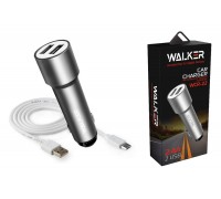 Автомобильное зарядное устройство АЗУ 2USB + кабель MicroUSB WALKER WCR-22, 2.4А, 12Вт, удлиненный корпус, серое