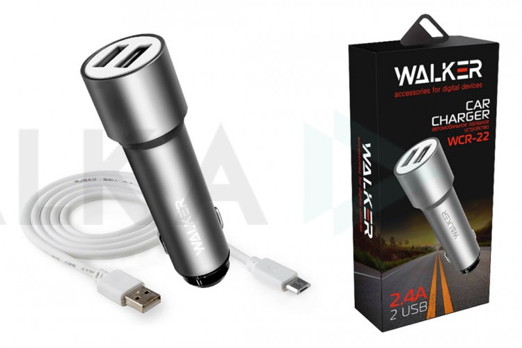 Автомобильное зарядное устройство АЗУ 2USB + кабель MicroUSB WALKER WCR-22, 2.4А, 12Вт, удлиненный корпус, серое