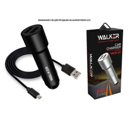 Автомобильное зарядное устройство АЗУ 2USB + кабель MicroUSB WALKER WCR-22, 2.4А, 12Вт, удлиненный корпус, черное