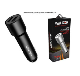 Автомобильное зарядное устройство АЗУ 2USB WALKER WCR-22, 2.4А, 12Вт, удлиненный корпус, черное