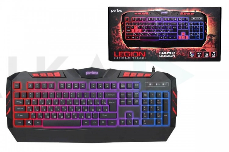 Клавиатура проводная Perfeo "LEGION" Multimedia, GAME DESIGN, подсветка 3х-цветная USB  (черный)