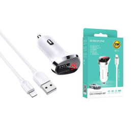 Автомобильное зарядное устройство АЗУ 2USB + кабель Lightning BOROFONE BZ15 2400 mAh (белый)