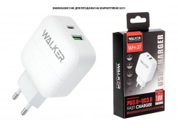 Сетевое зарядное устройство USB + USB-C WALKER WH-37, 3А, 18Вт,  быстрая зарядка QC 3.0+PD, белое