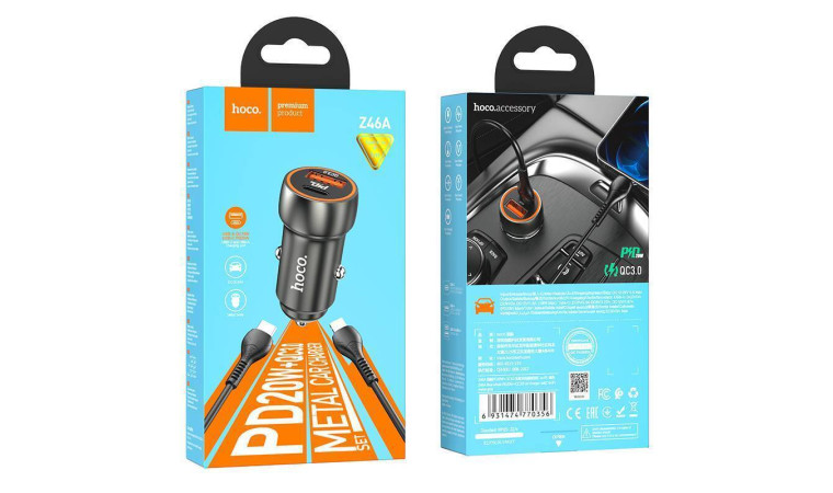 Автомобильное зарядное устройство АЗУ USB + Type-C + кабель Lightning HOCO Z46A Blue whale PD20W+QC3.0 (серый)