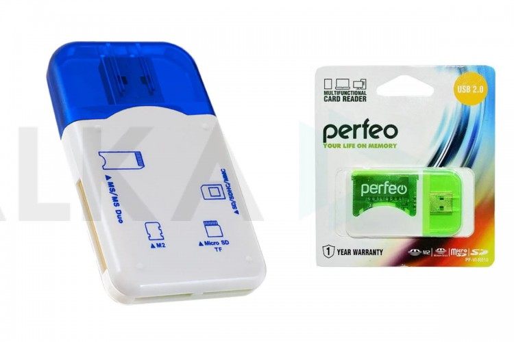 Картридер Perfeo Card Reader SD/MMC+Micro SD+MS+M2, (PF-VI-R010 Blue) синий