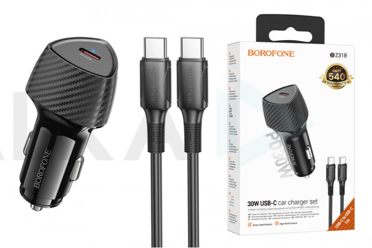 Автомобильное зарядное устройство АЗУ USB-С + кабель Type-C BOROFONE BZ31B Solid single port PD30W (черный)