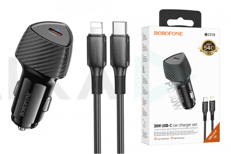 Автомобильное зарядное устройство АЗУ USB-C + кабель Lightning BOROFONE BZ31B Solid (черный)