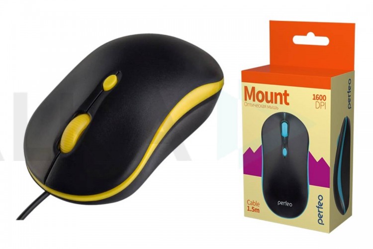 Мышь проводная Perfeo "MOUNT", 4 кн, DPI 800-1600, USB PF_A4511 (черно-желтый)