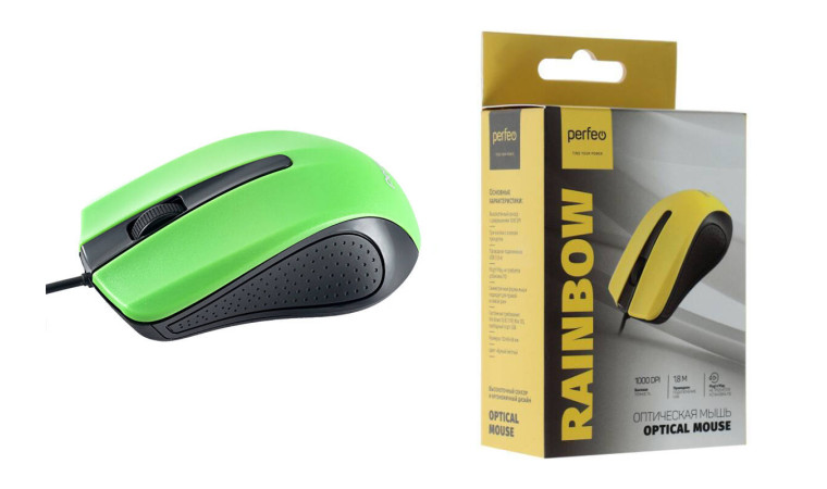 Мышь проводная Perfeo "RAINBOW", 3 кн, USB, (черно-зеленый)