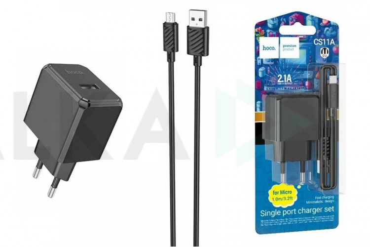 Сетевое зарядное устройство USB + кабель MicroUSB HOCO CS11A  2100mAh (черный)