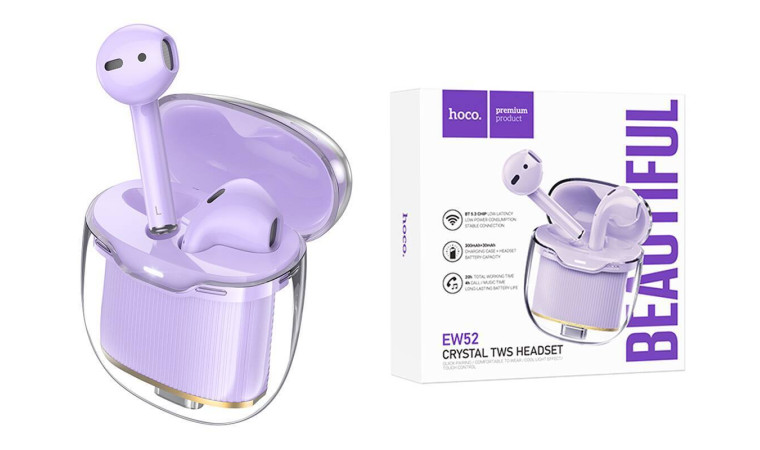 Наушники вакуумные беспроводные HOCO EW52 Crystal wireless stereo headset Bluetooth (фиолетовый) Наушники вакуумные беспроводные HOCO EW52 Crystal wireless stereo headset Bluetooth (фиолетовый)