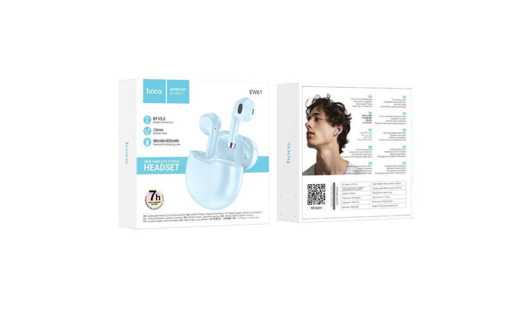 Наушники вакуумные беспроводные HOCO EW61 June wireless stereo headset Bluetooth (голубой)