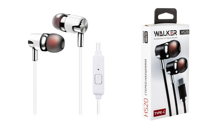 Наушники вакуумные проводные WALKER H520, TYPE-C, микрофон, кнопка ответа, белые Наушники вакуумные проводные WALKER H520, TYPE-C, микрофон, кнопка ответа, белые
