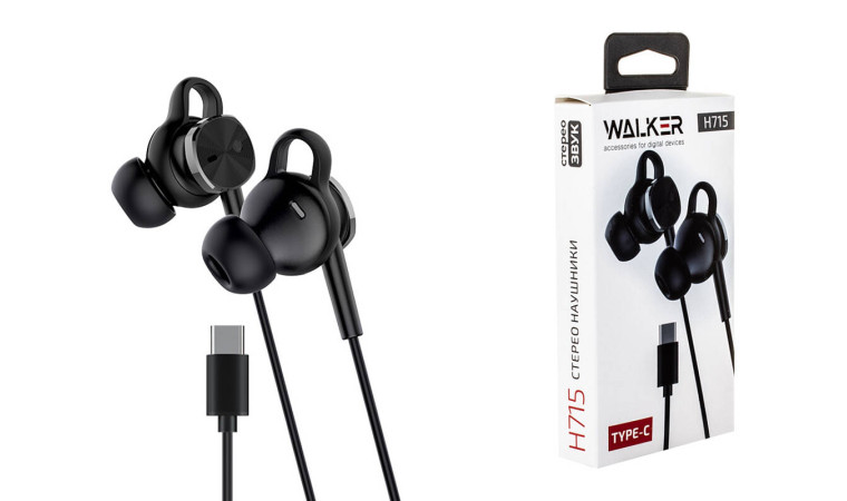 Наушники вакуумные проводные WALKER H715, TYPE-C, микрофон, кнопка ответа, рег.громкости, черные